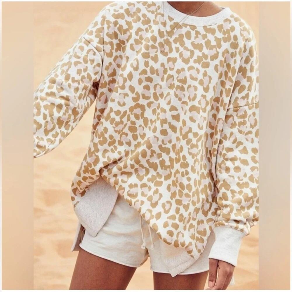Aerie AE Tan Leopard Desert Oversized Sweatshirt Heather Frost Cheetah Medium